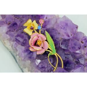 Austria Goldtone Enamel Glass Rhinestone Floral Brooch